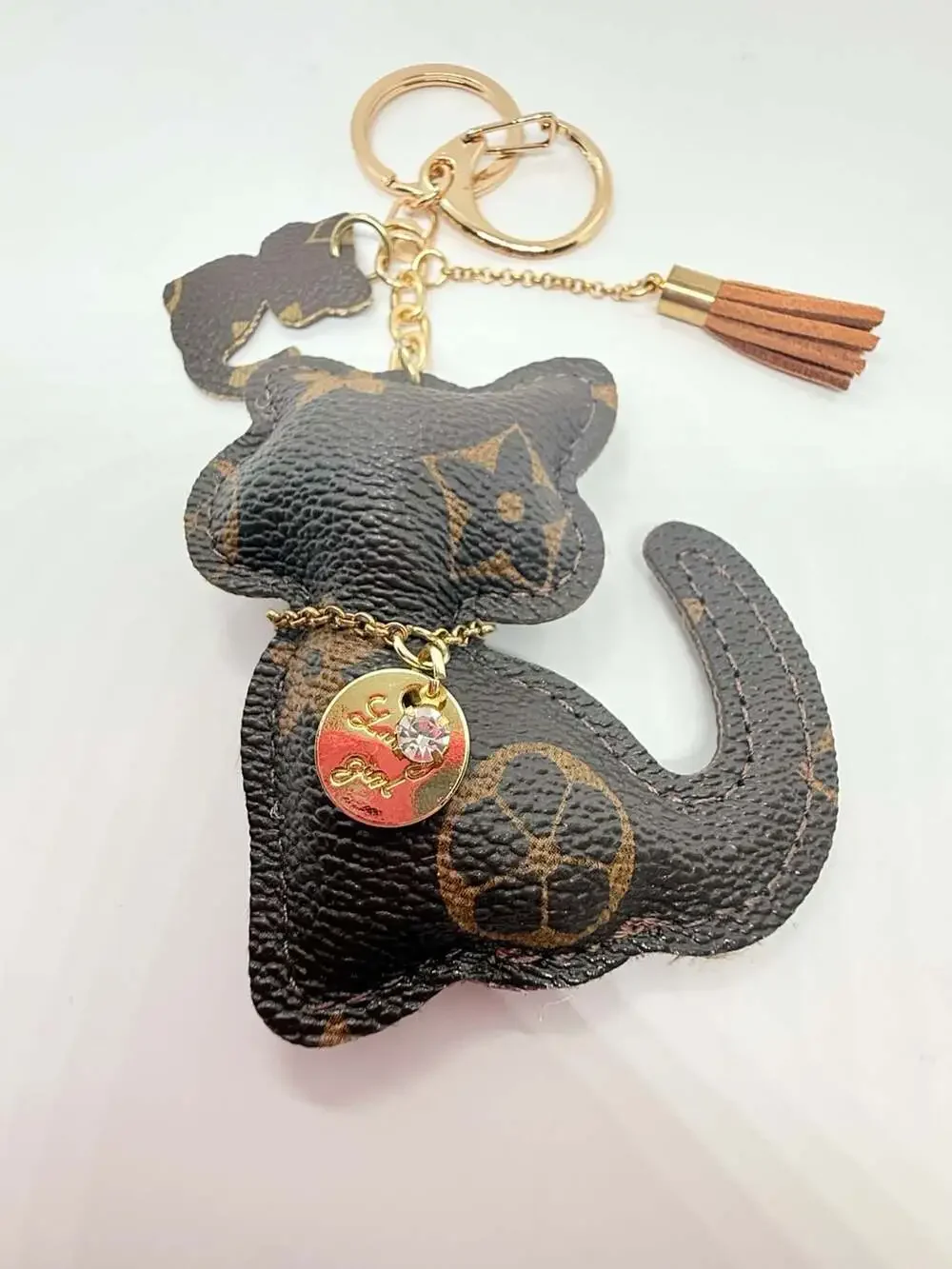 Unbranded Cat Keychain Monogram PU Leather Tassel Pendant Brown